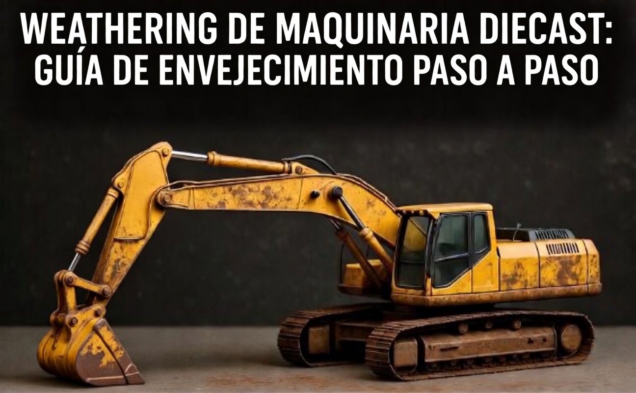 Excavadora NZG a escala 1:50 con weathering de construcción: lavado en recovecos, óxido en el balde, polvo de obra y barro en orugas — técnicas de envejecimiento maquinaria diecast